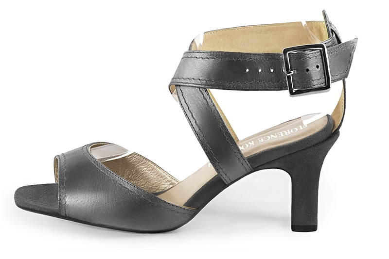 Dark grey women's open back sandals, with crossed straps. Square toe. High kitten heels. Profile view - Florence KOOIJMAN